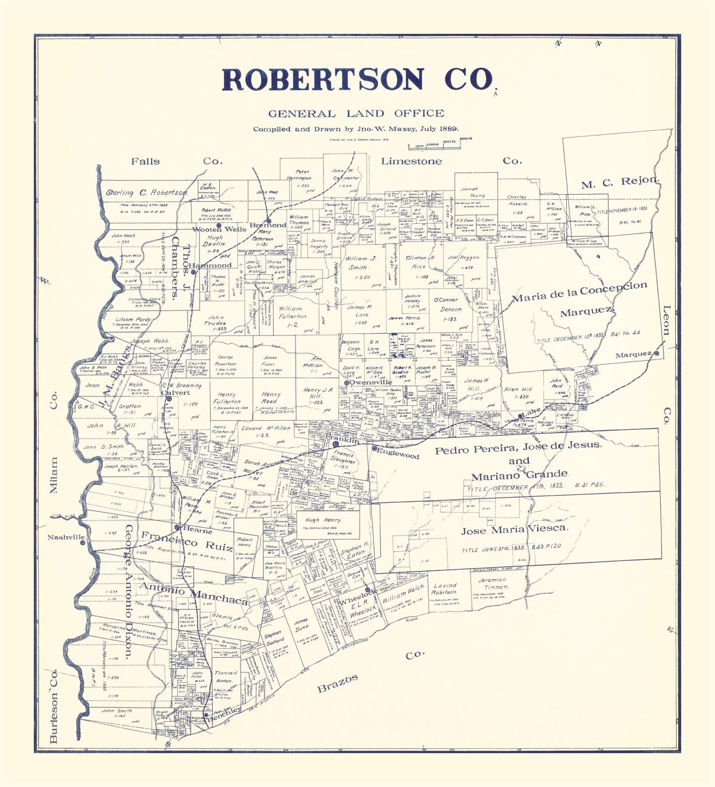Vintage Map of Robertson County, Texas, 1889