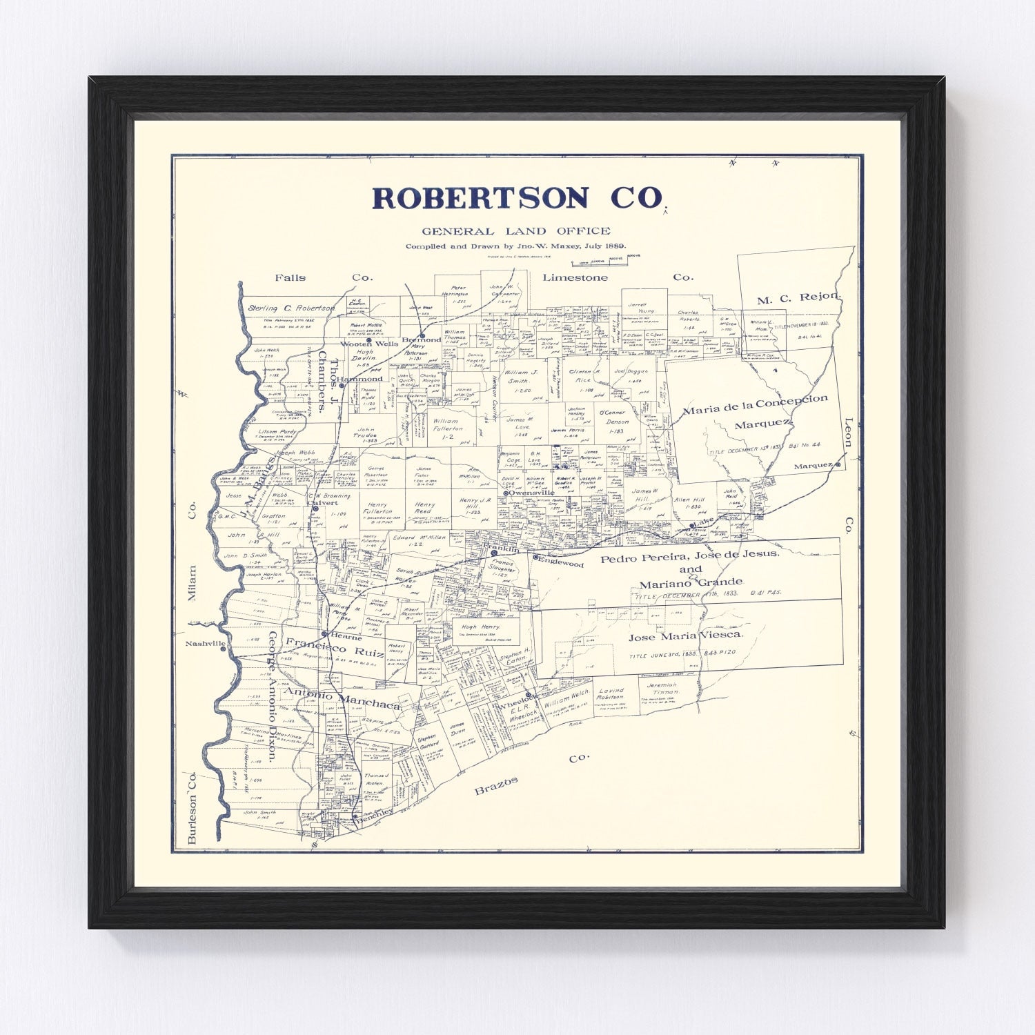 Vintage map of Robertson County, Texas, 1889