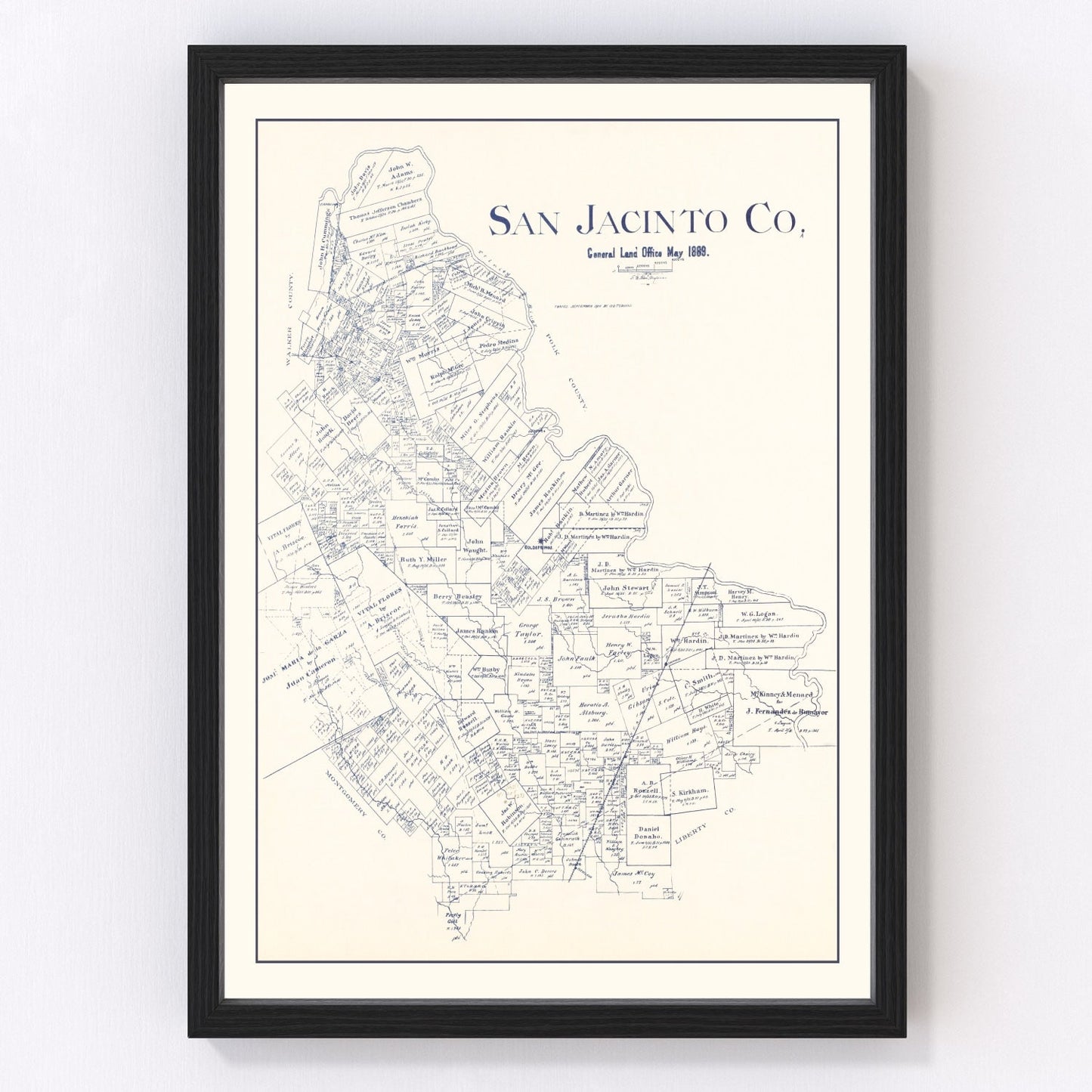 vintage map of San Jacinto County, Texas, 1889, East Texas county survey
