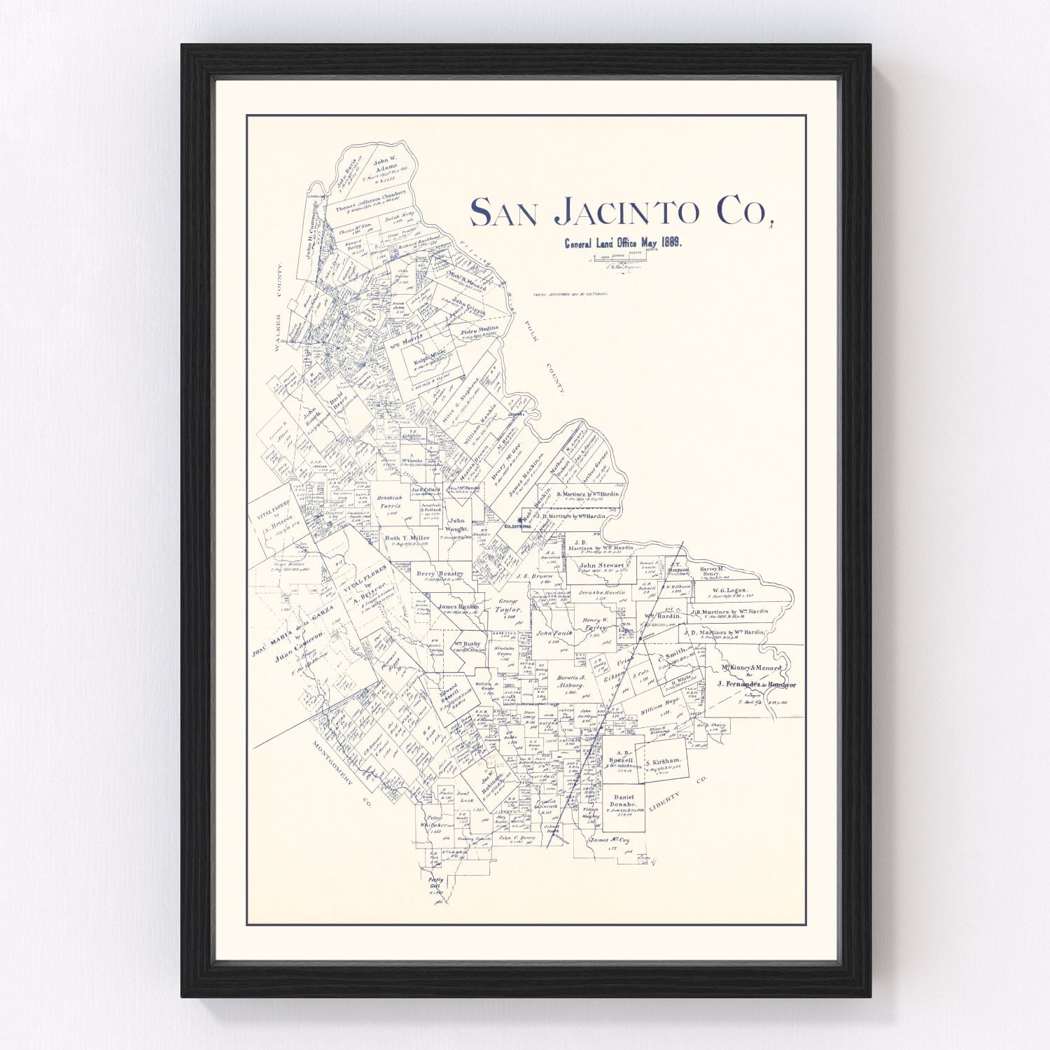 vintage map of San Jacinto County, Texas, 1889, East Texas county survey