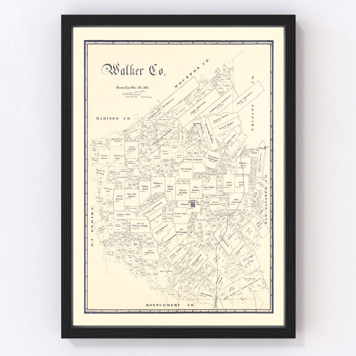 Vintage map of Walker County, Texas, 1889, Huntsville area