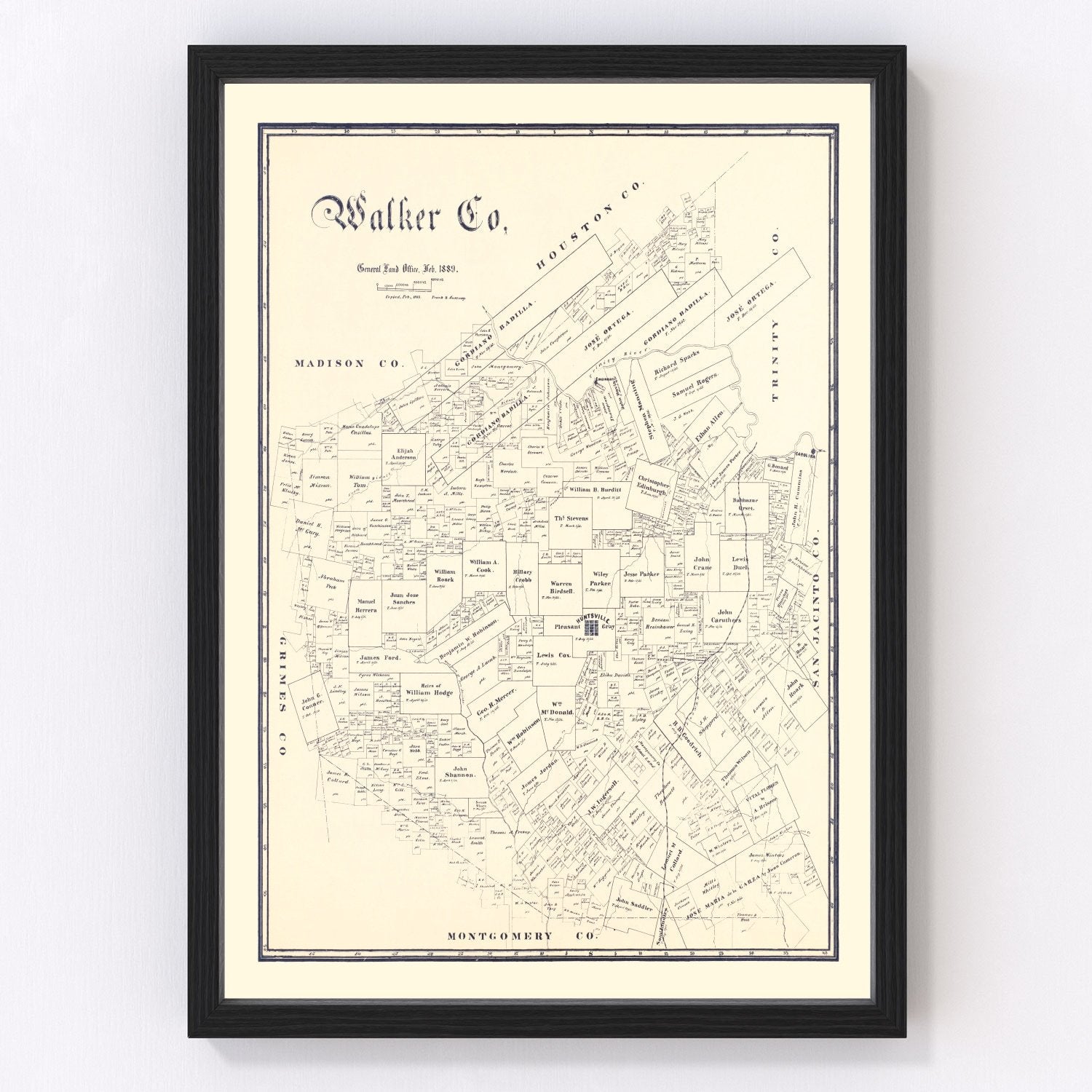 Vintage map of Walker County, Texas, 1889, Huntsville area