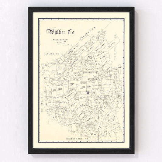 Vintage map of Walker County, Texas, 1889, Huntsville area