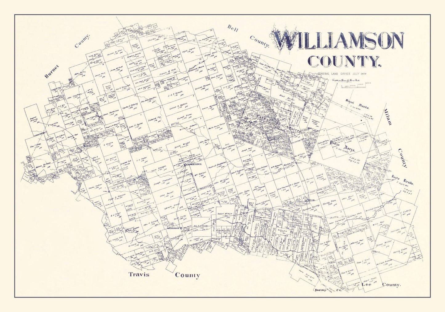 Vintage Map of Williamson County, Texas, 1888