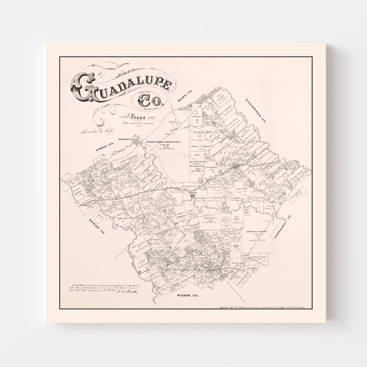 Vintage Map of Guadalupe County, Texas, 1880
