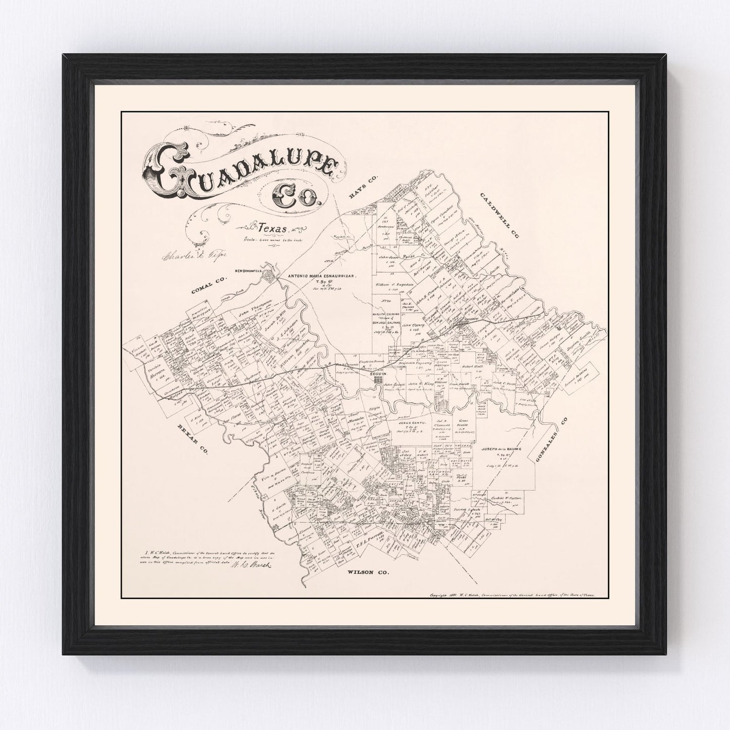 vintage map of Guadalupe County, Texas, 1880