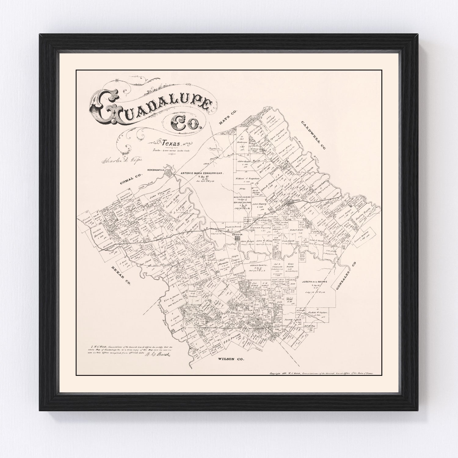 vintage map of Guadalupe County, Texas, 1880