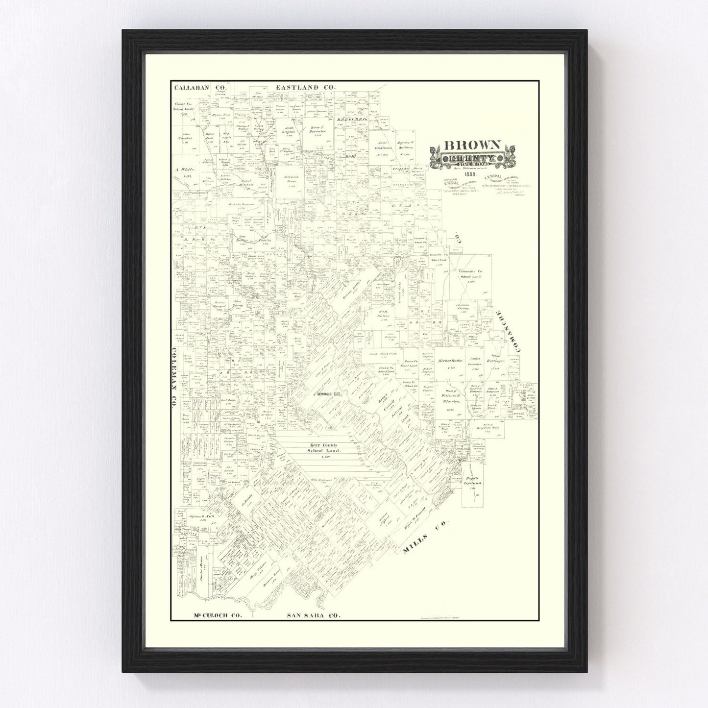 Vintage map of Brown County, Texas, 1888, Brownwood and Hill Country