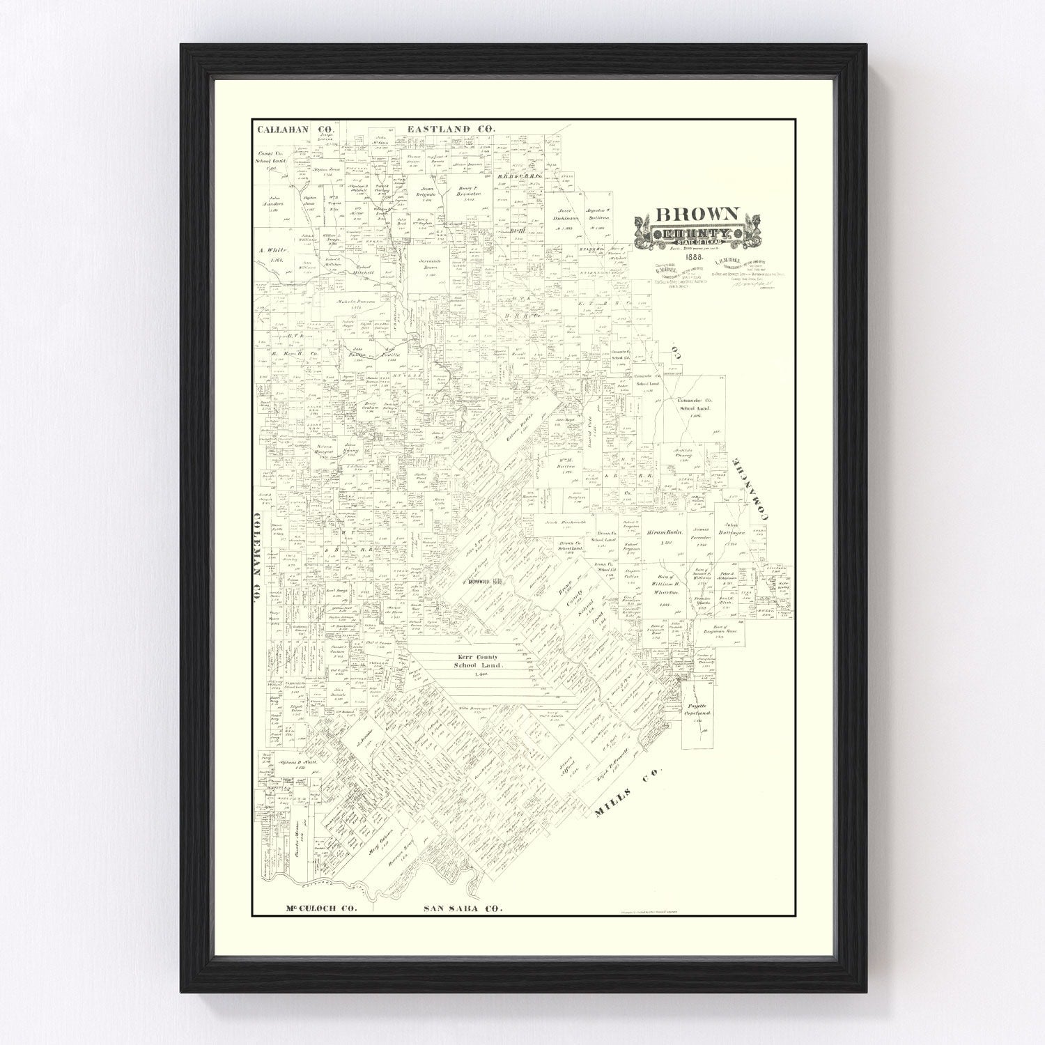 Vintage map of Brown County, Texas, 1888, Brownwood and Hill Country