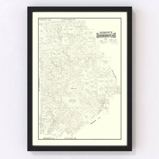 Vintage map of Brown County, Texas, 1888, Brownwood and Hill Country