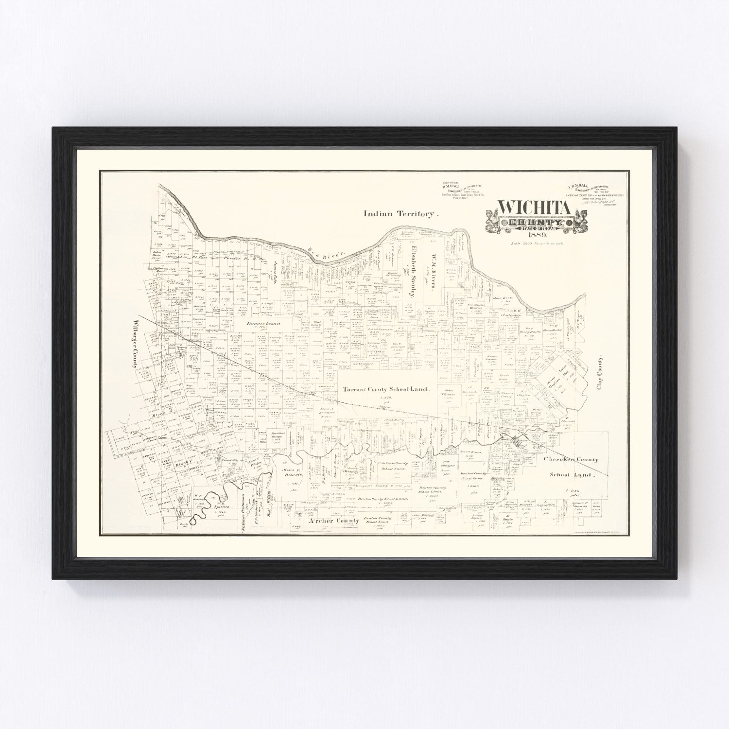Vintage map of Wichita County, Texas, 1889, frontier land sections and Wichita River