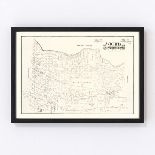 Vintage map of Wichita County, Texas, 1889, frontier land sections and Wichita River