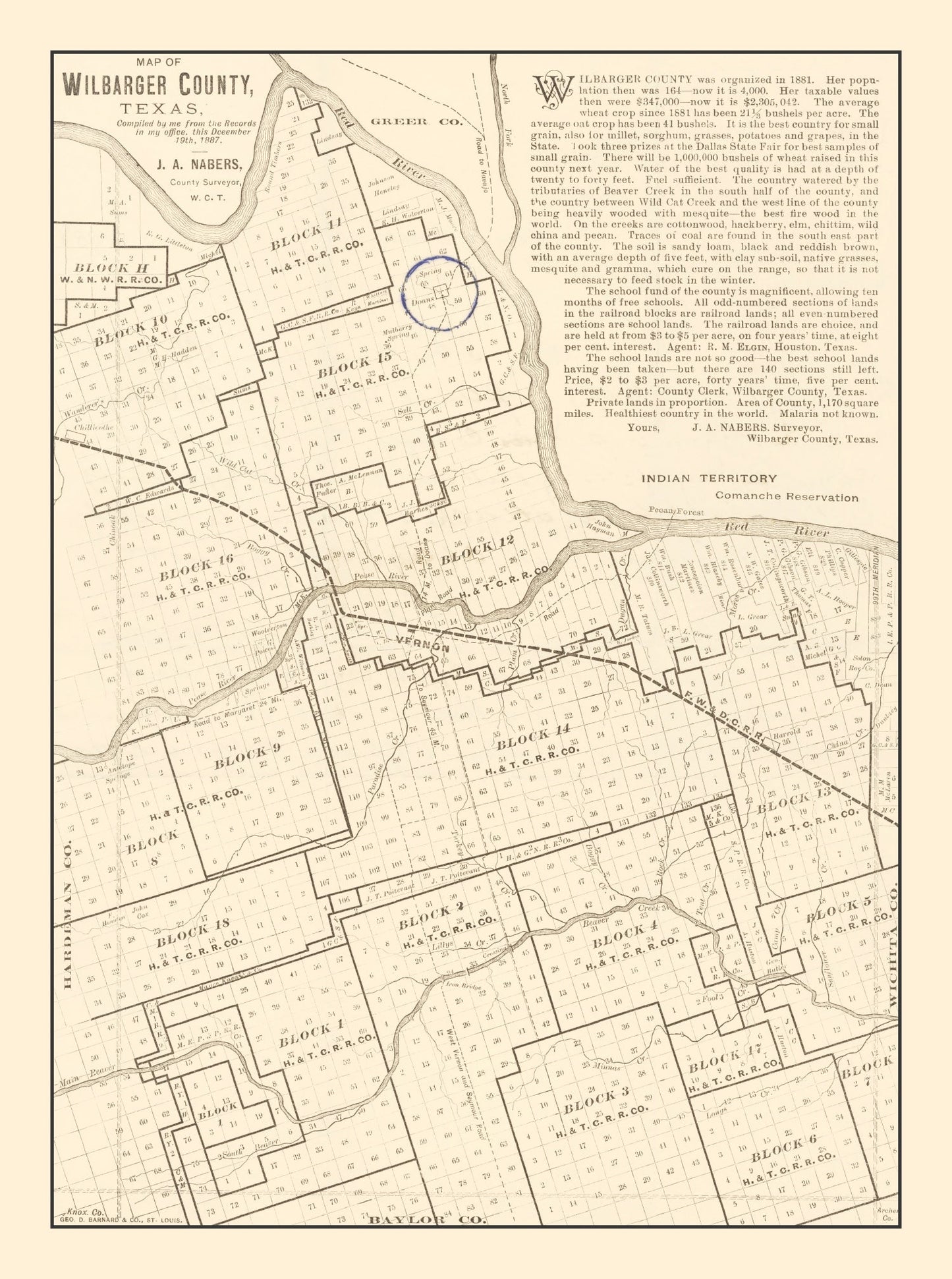 Vintage Map of Wilbarger County, Texas, 1887 (II)