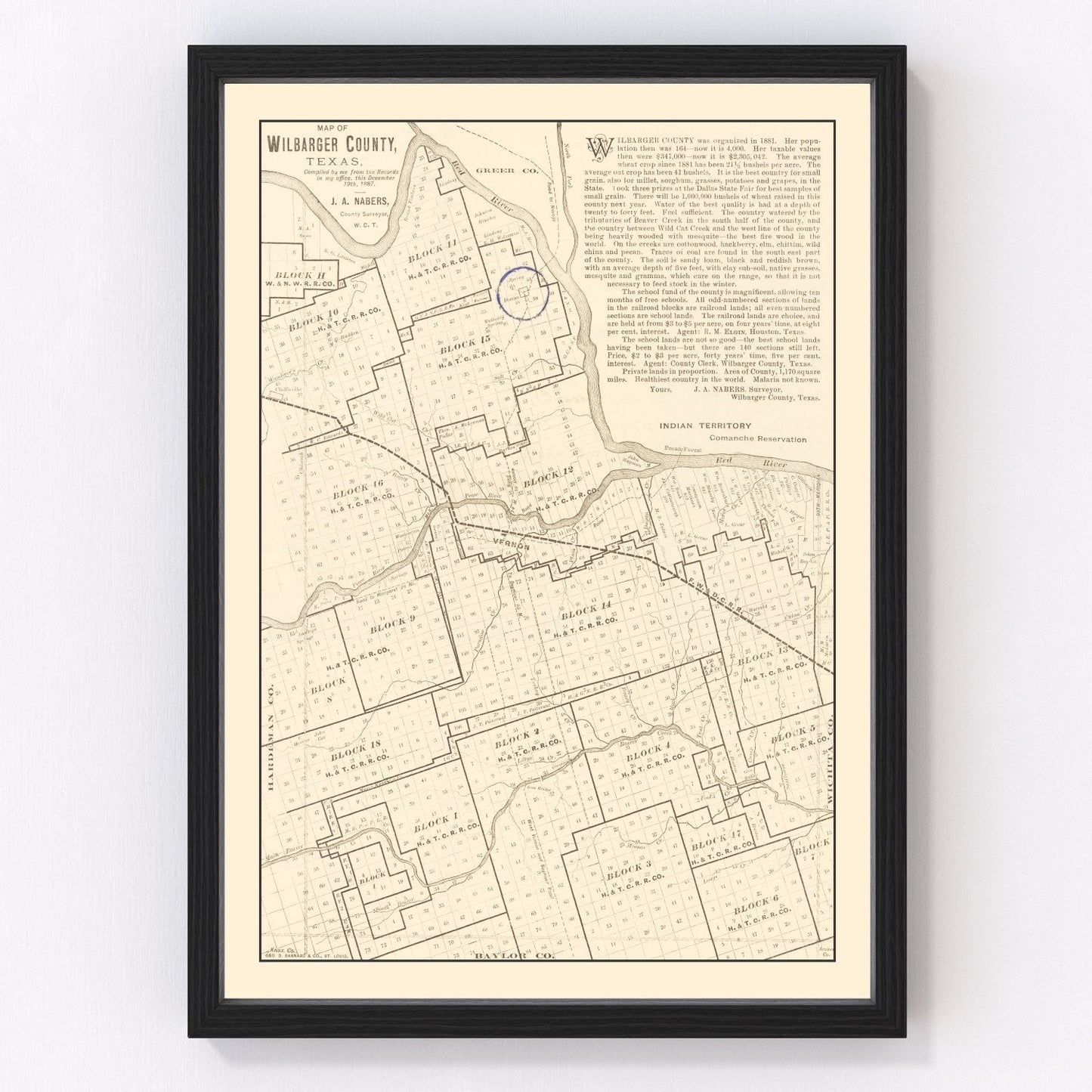 Vintage map of Wilbarger County, Texas, 1887, land sections and Red River boundary