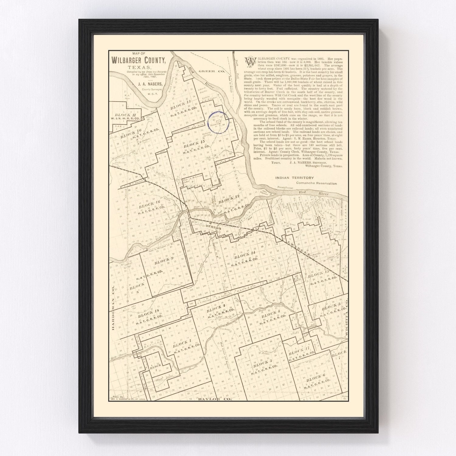 Vintage map of Wilbarger County, Texas, 1887, land sections and Red River boundary