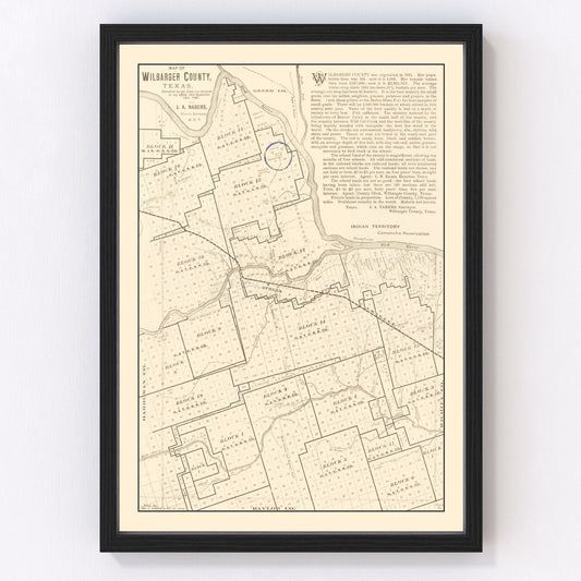 Vintage map of Wilbarger County, Texas, 1887, land sections and Red River boundary
