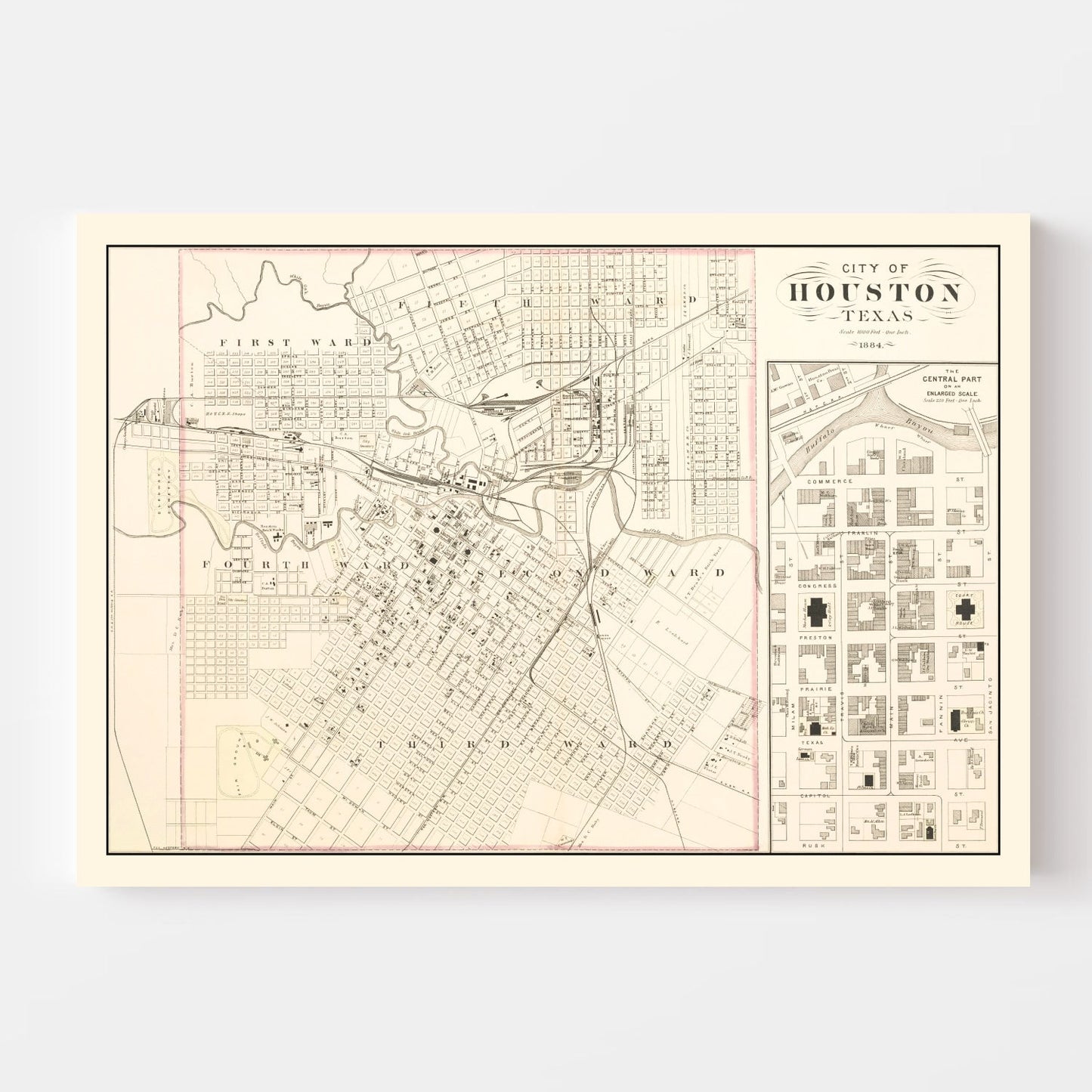 Vintage Map of Houston, Harris County, Texas, 1884