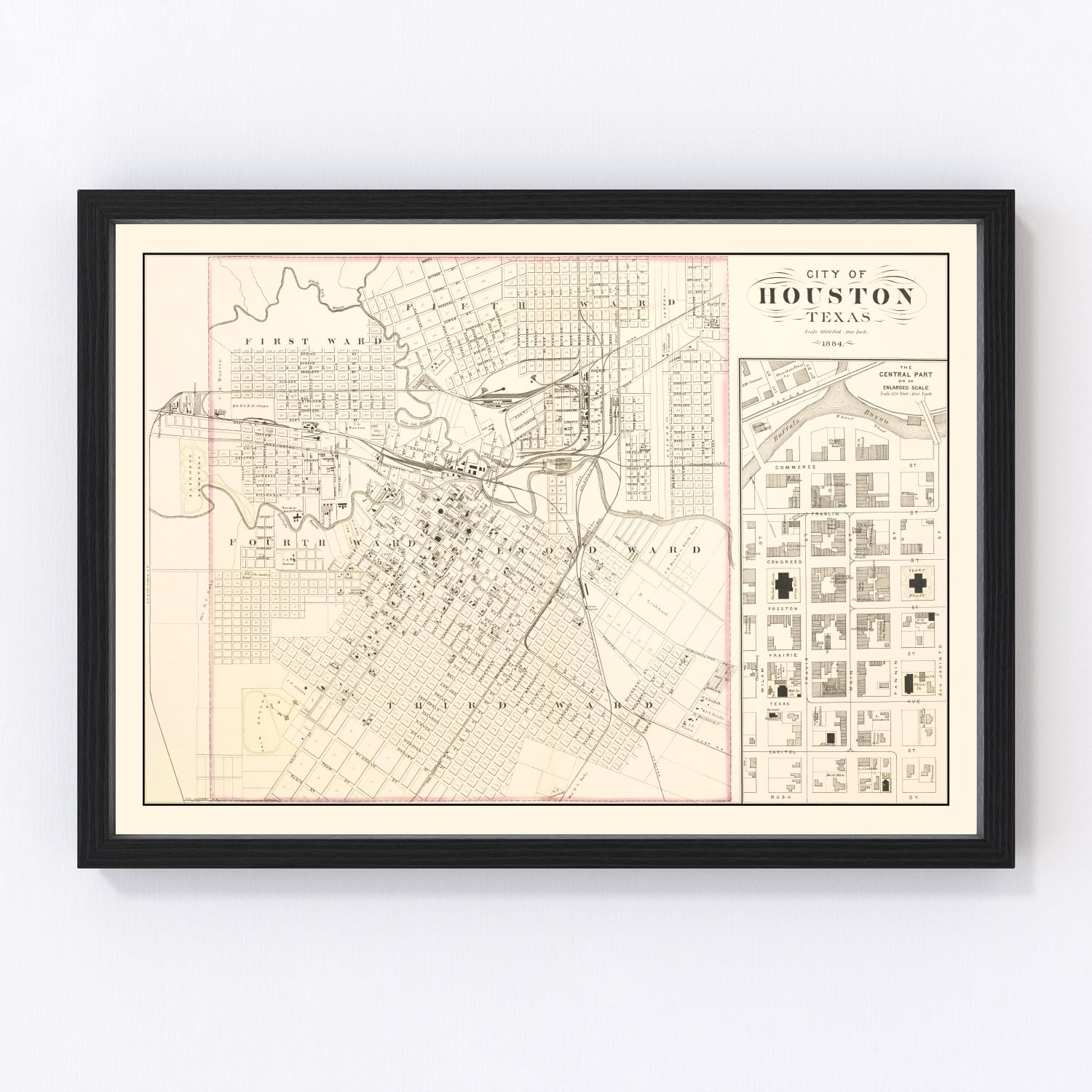 Vintage map of Houston, Harris County, Texas, 1884