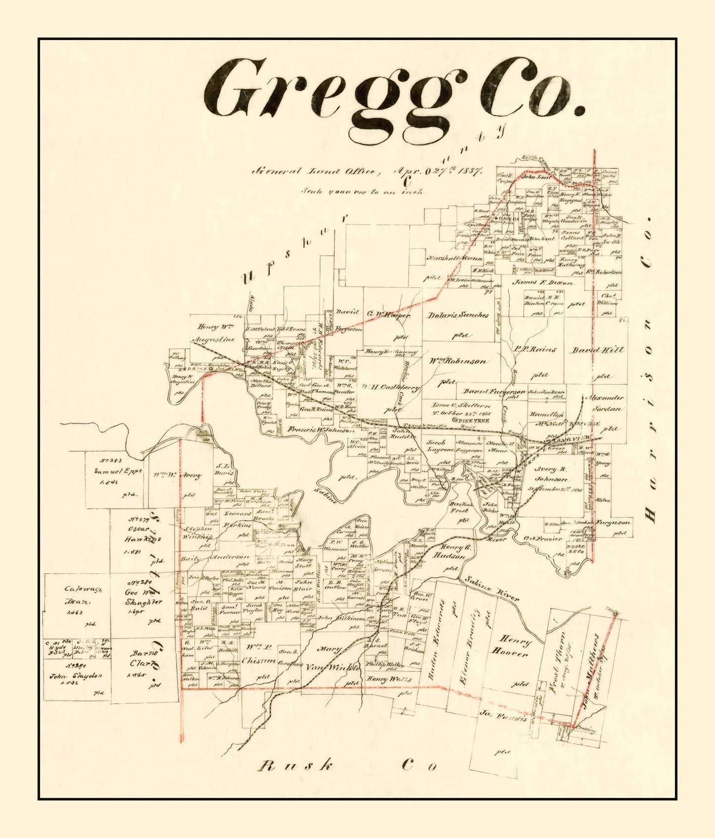 Vintage Map of Gregg County, Texas, 1887