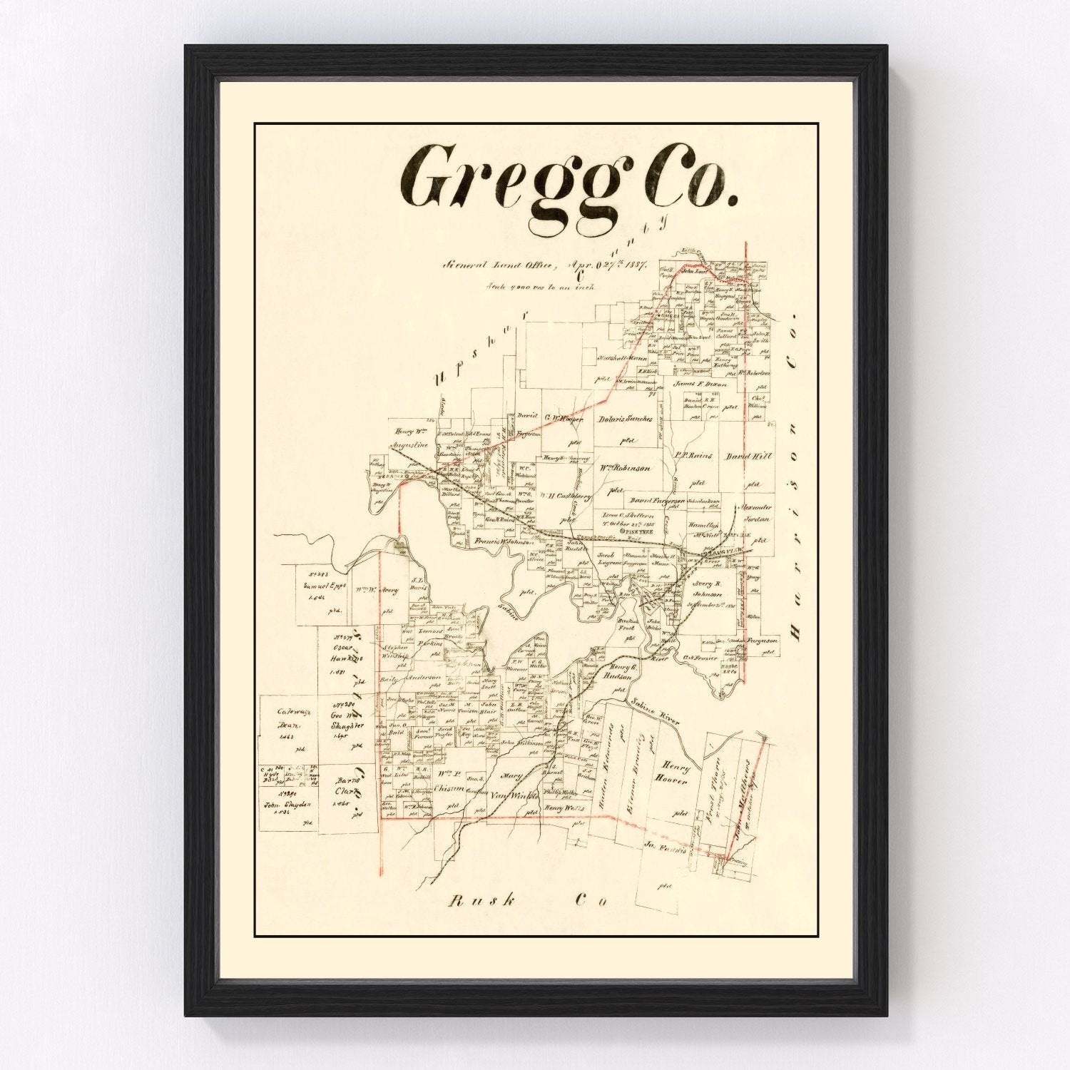 vintage map of Gregg County, Texas, 1887