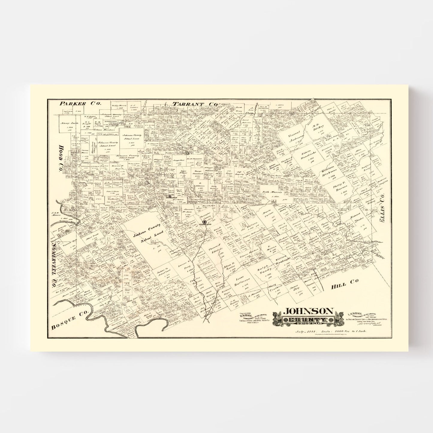 Vintage Map of Johnson County, Texas, 1888