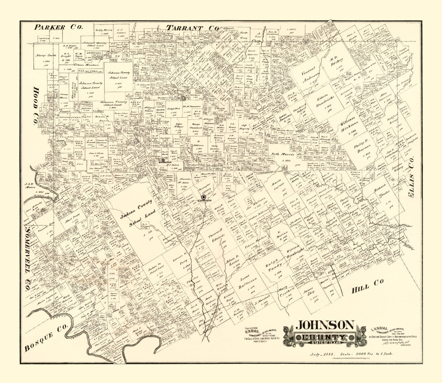 Vintage Map of Johnson County, Texas, 1888