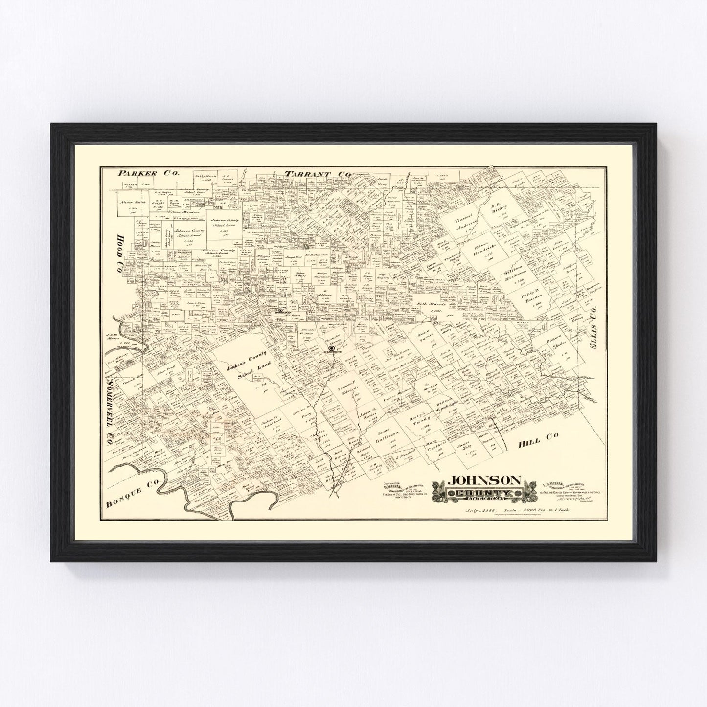 Vintage map of Johnson County, Texas, 1888