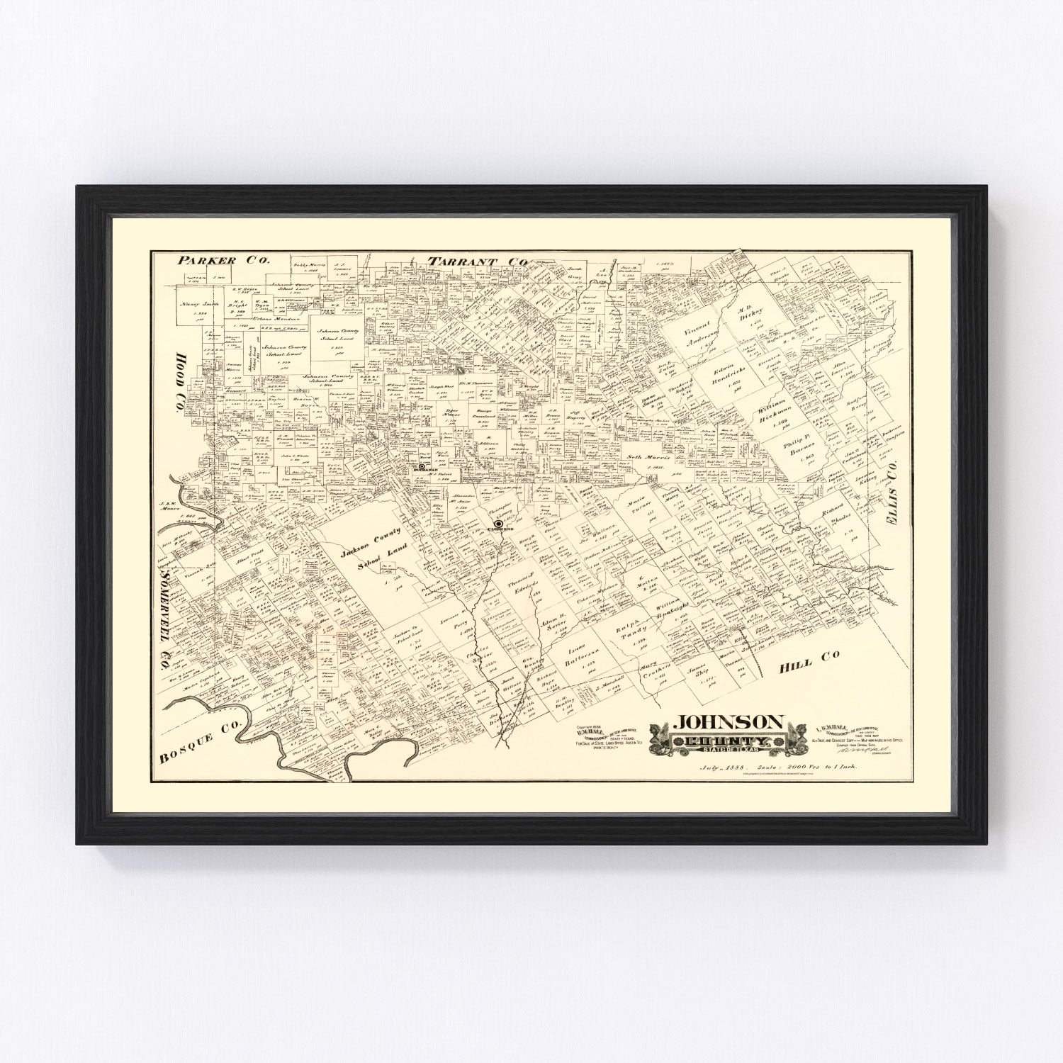 Vintage map of Johnson County, Texas, 1888