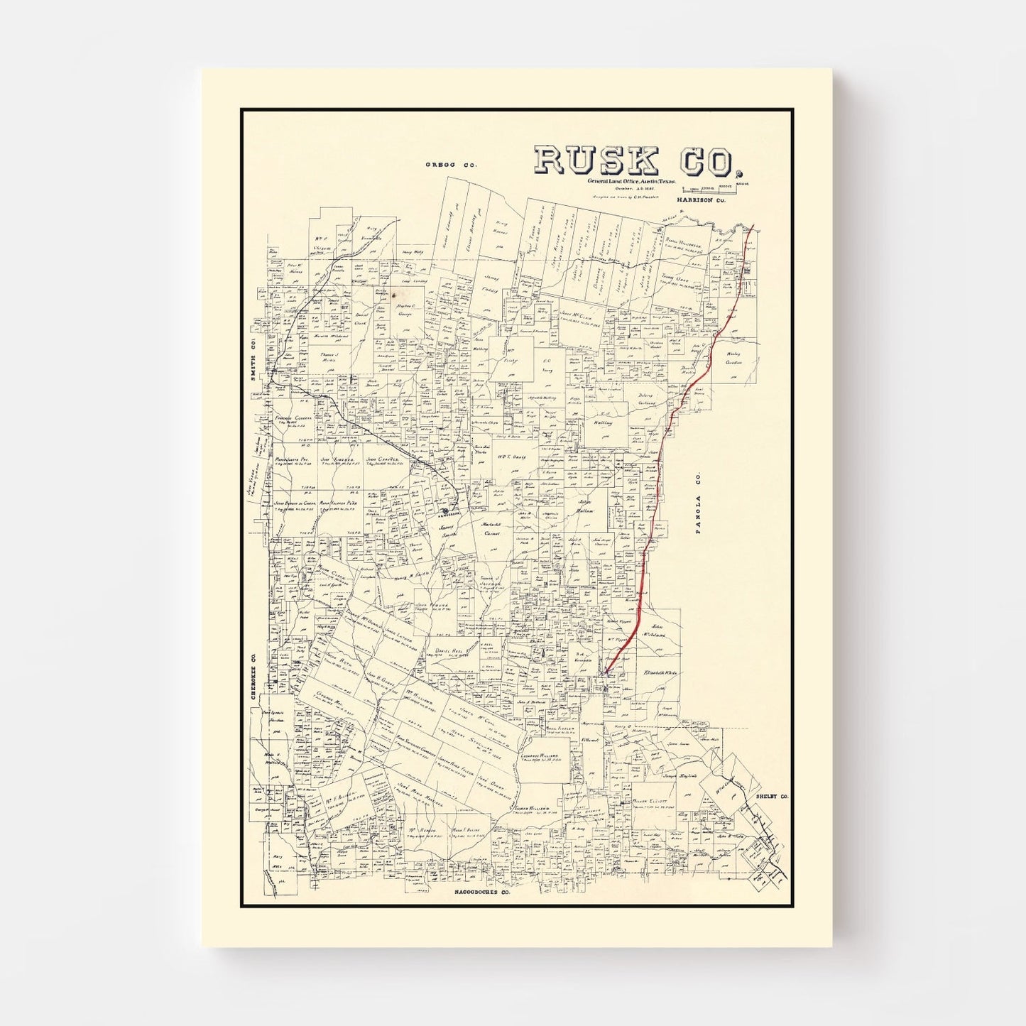 Vintage Map of Rusk County, Texas, 1895