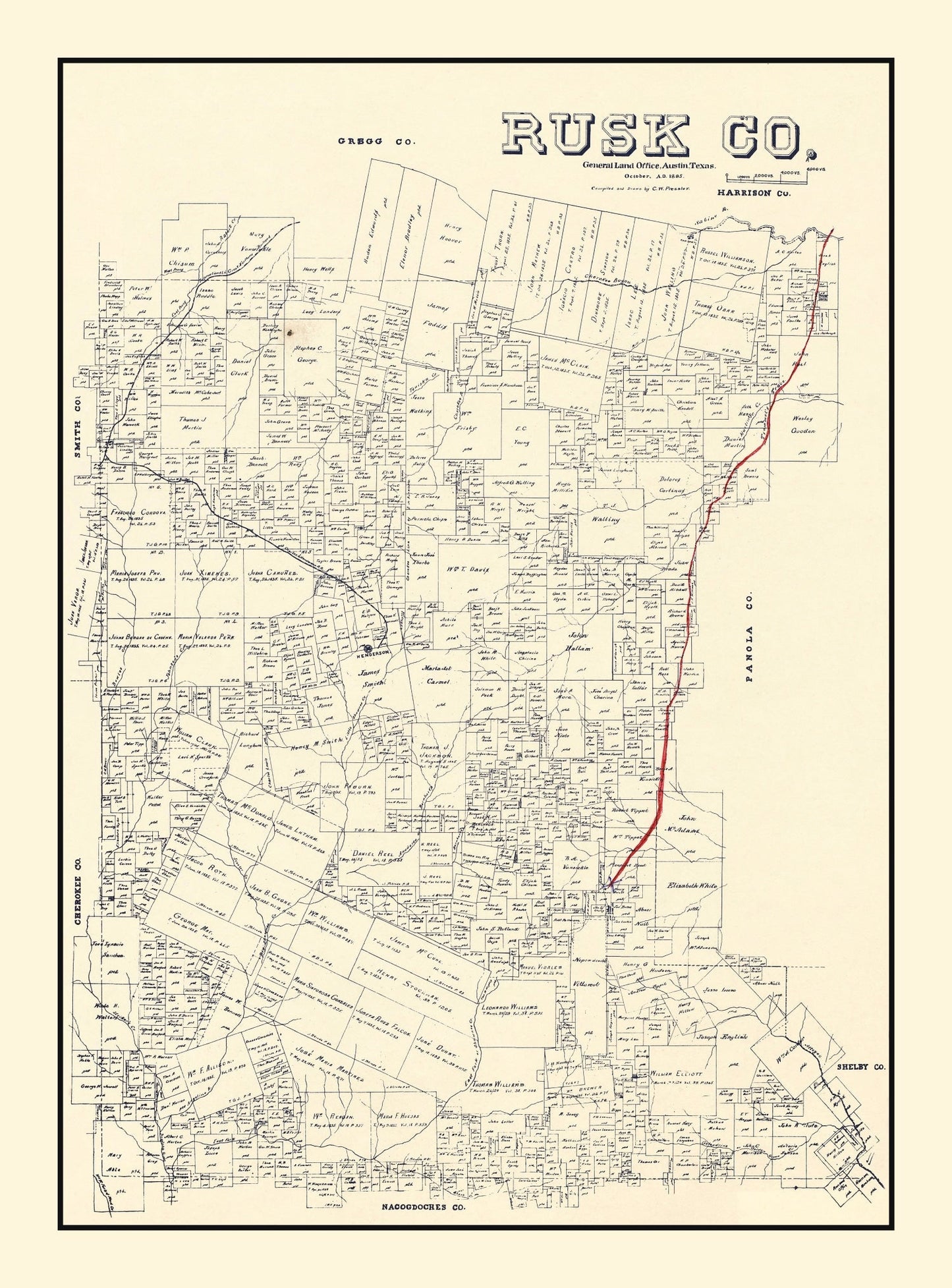 Vintage Map of Rusk County, Texas, 1895