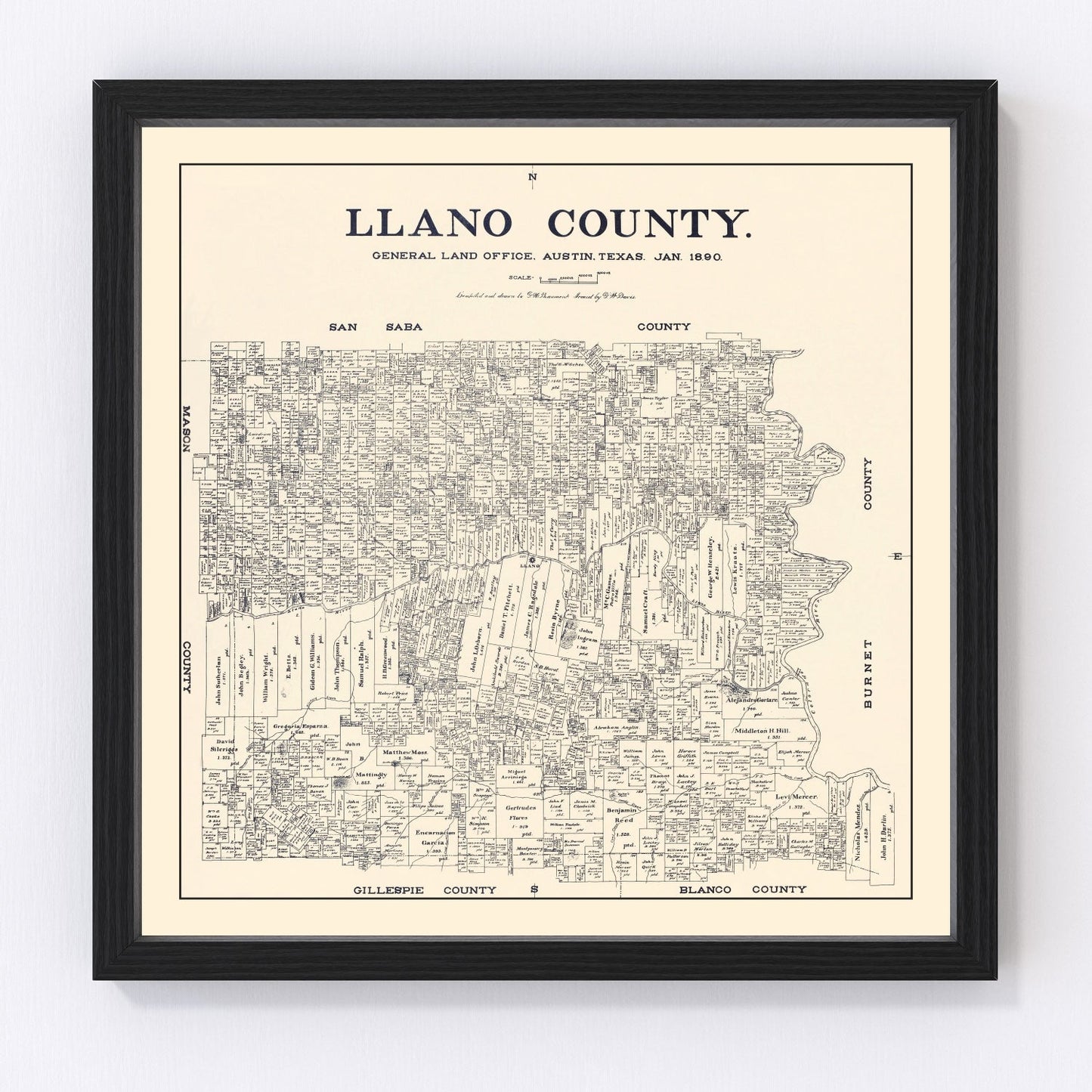 vintage map of Llano County, Texas, 1890