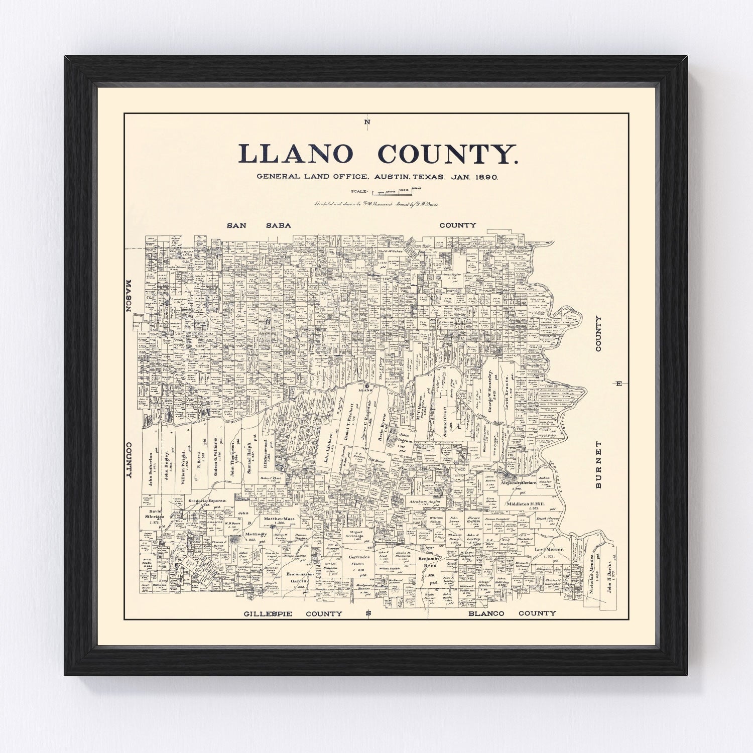 vintage map of Llano County, Texas, 1890