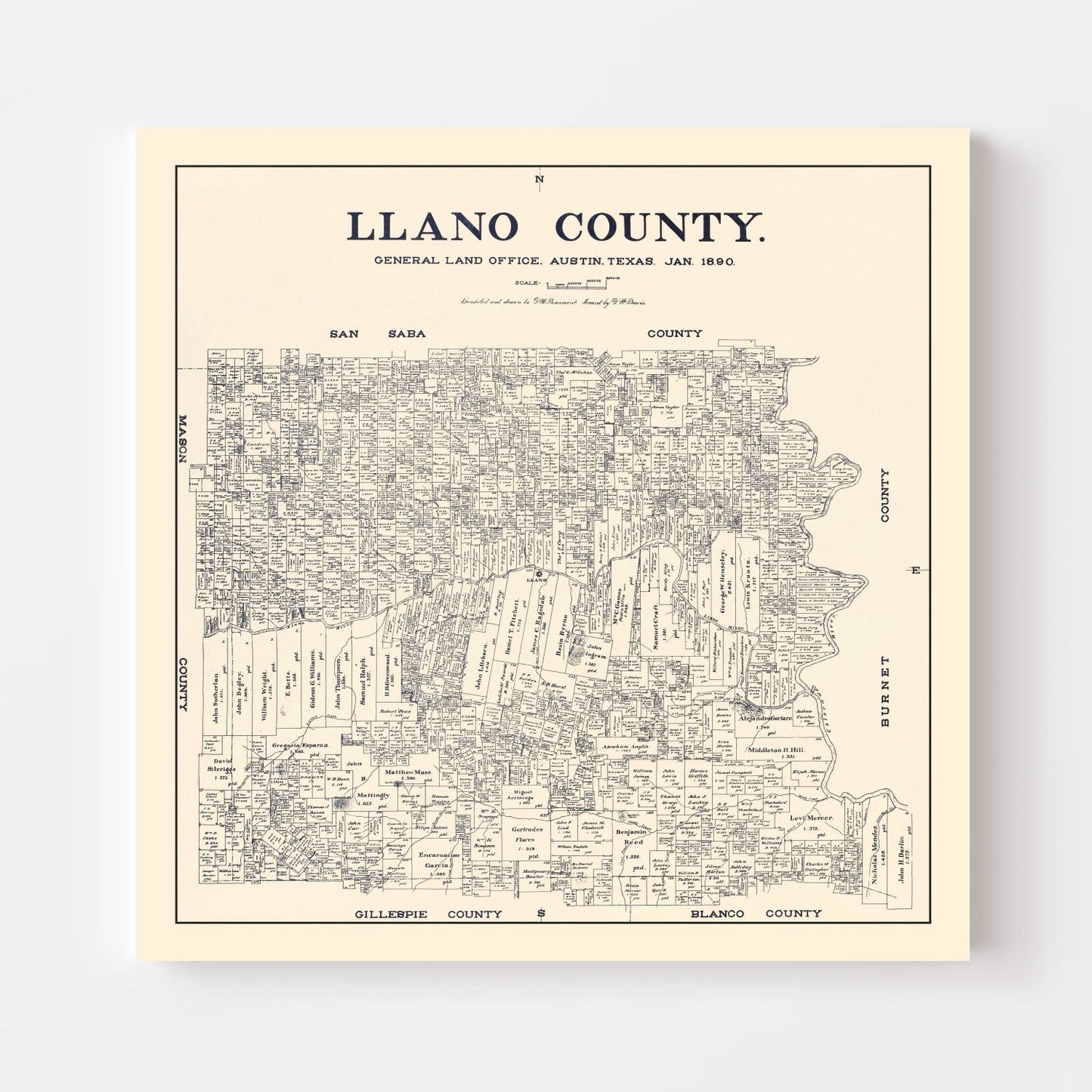 Vintage Map of Llano County, Texas, 1890