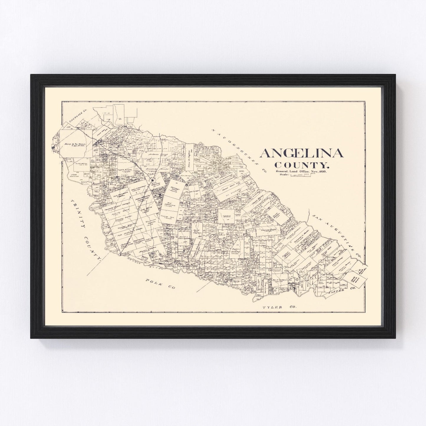 Restored vintage map of Angelina County, Texas, 1899