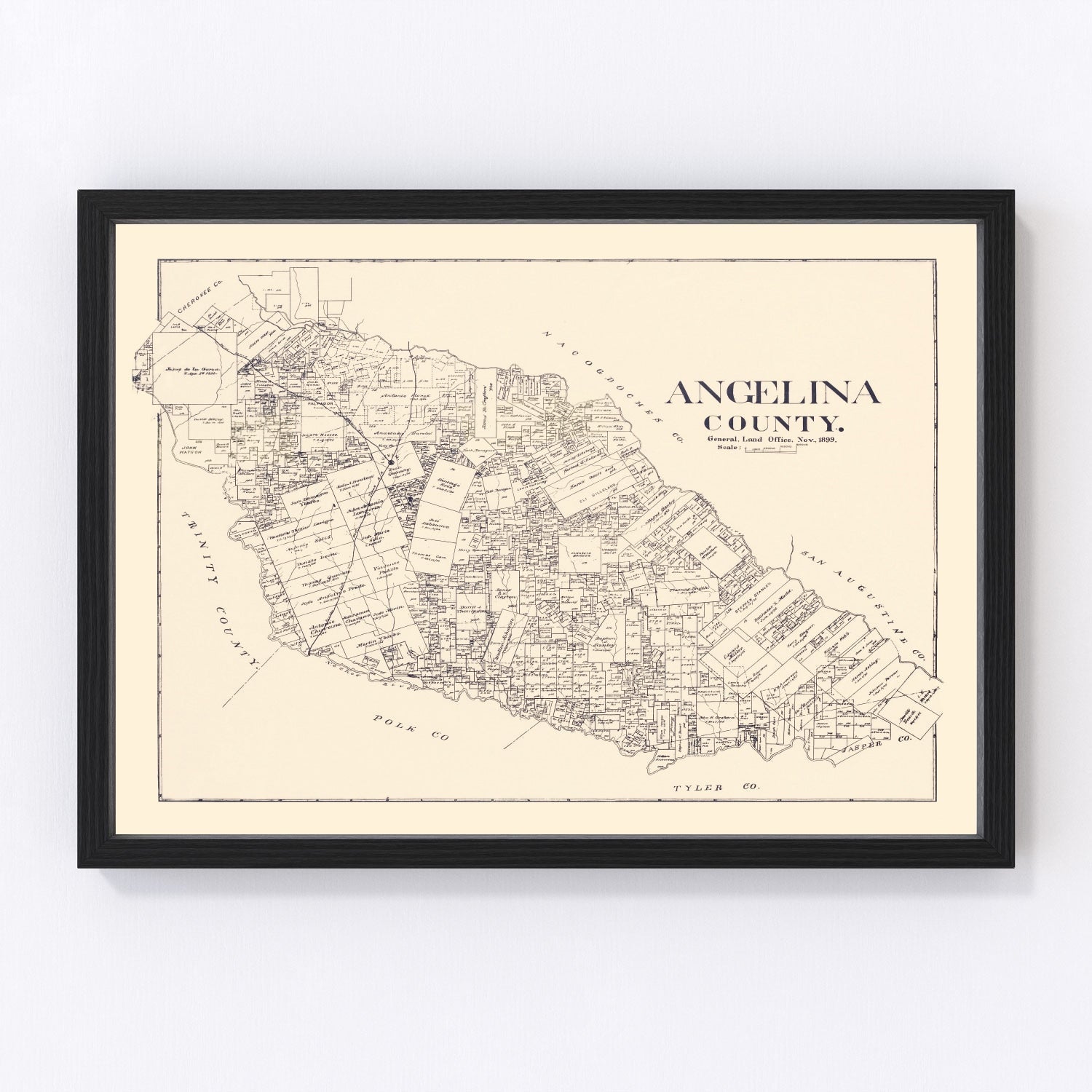 Restored vintage map of Angelina County, Texas, 1899