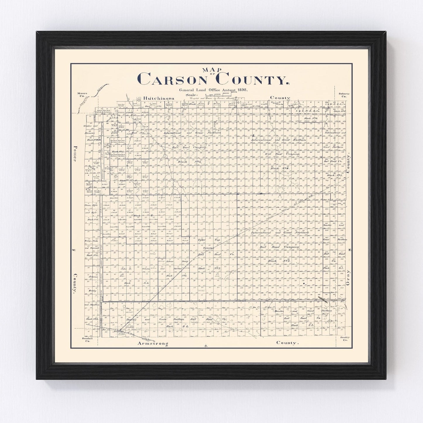 Vintage map of Carson County, Texas, 1898, restored vintage wall art print