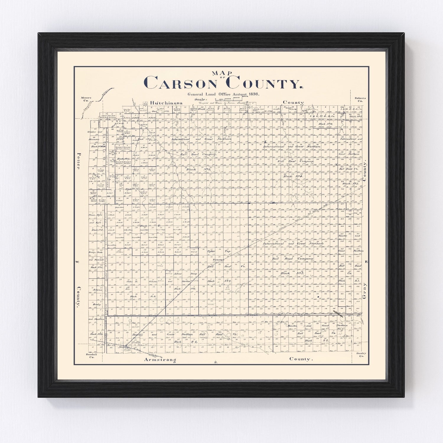 Vintage map of Carson County, Texas, 1898, restored vintage wall art print