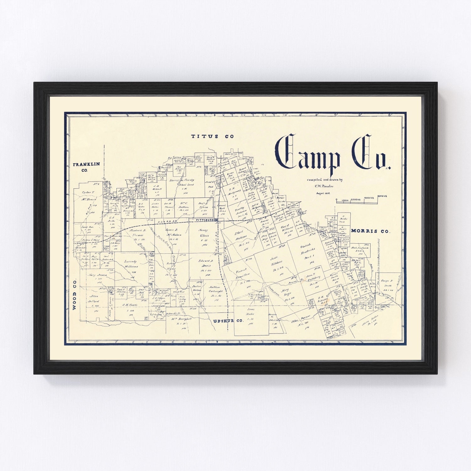 Vintage map of Camp County, Texas, 1897, digitally restored antique cartographic print