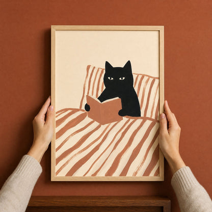 Hands hanging the framed cat reading poster on a terracotta bedroom wall