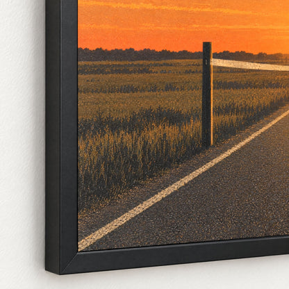 Close-up of the black pine frame corner, the print meeting the frame edge directly with no mat and no mount