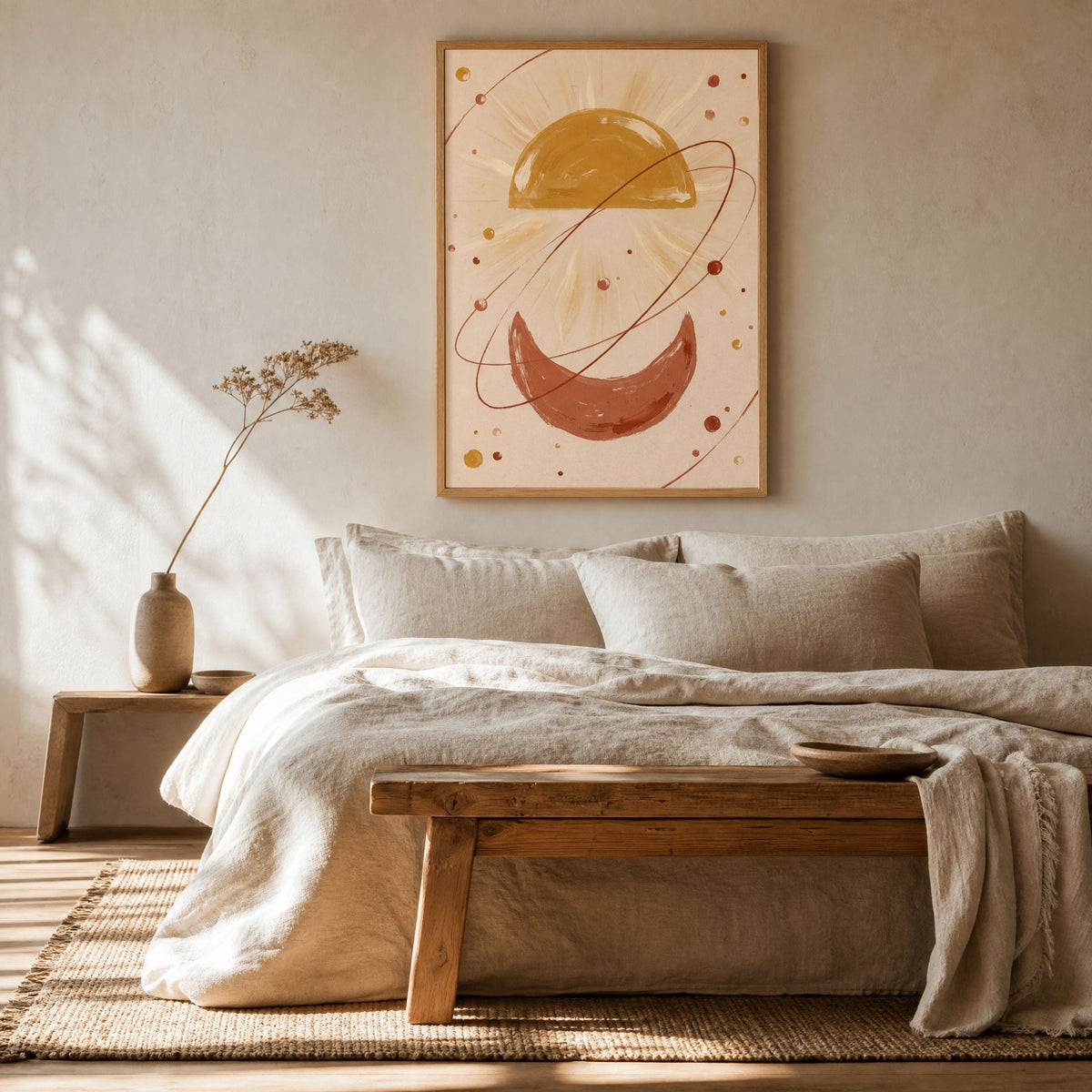 Terracotta wall art hung above a linen bed, with dried stems in a stoneware vase alongside.