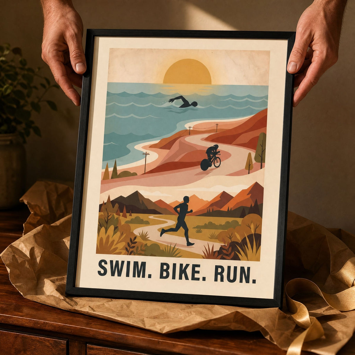 Triathlon Poster: Retro Swim Bike Run Framed Wall Art