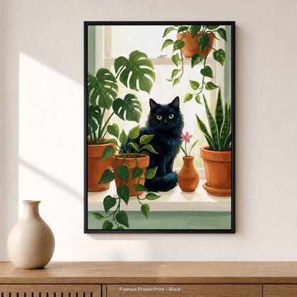 Black cat botanical print in a black wood frame above a console table with a pale ceramic vase