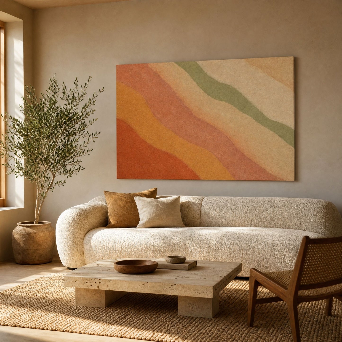 Canvas above a cream curved sofa in a sunlit living room with an olive tree and jute rug
