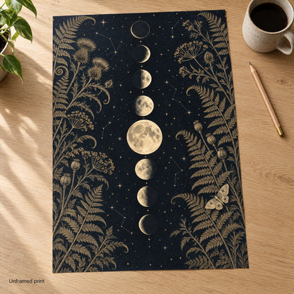 Unframed moon phase art print on matte paper, lying flat on a light oak desk beside a mug