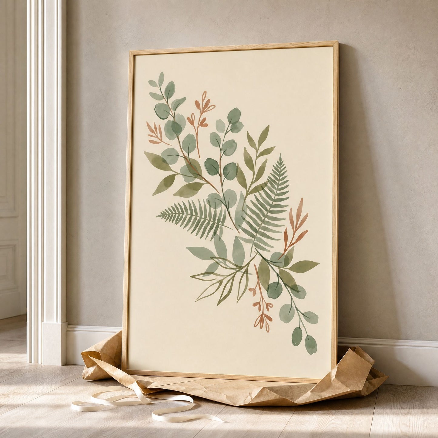 Large framed sage green botanical print unwrapped from kraft paper and propped against a wall