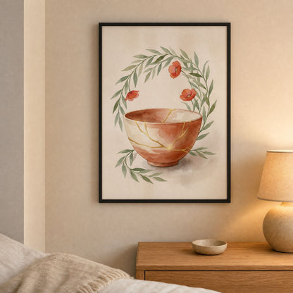 Wabi sabi wall art above an oak nightstand in a calm bedroom, warm lamplight on the framed clay bowl print