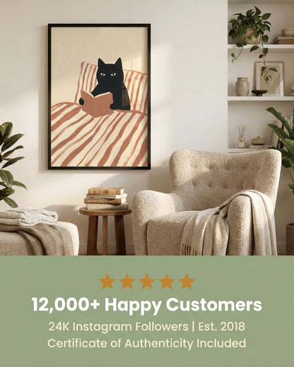 Cat Reading Poster - Framed Wall Art That Gets Cat Lovers and Book Lovers - 20x25 cm / 8x10″ - White frame / Ready-to-hang - Sparkycare