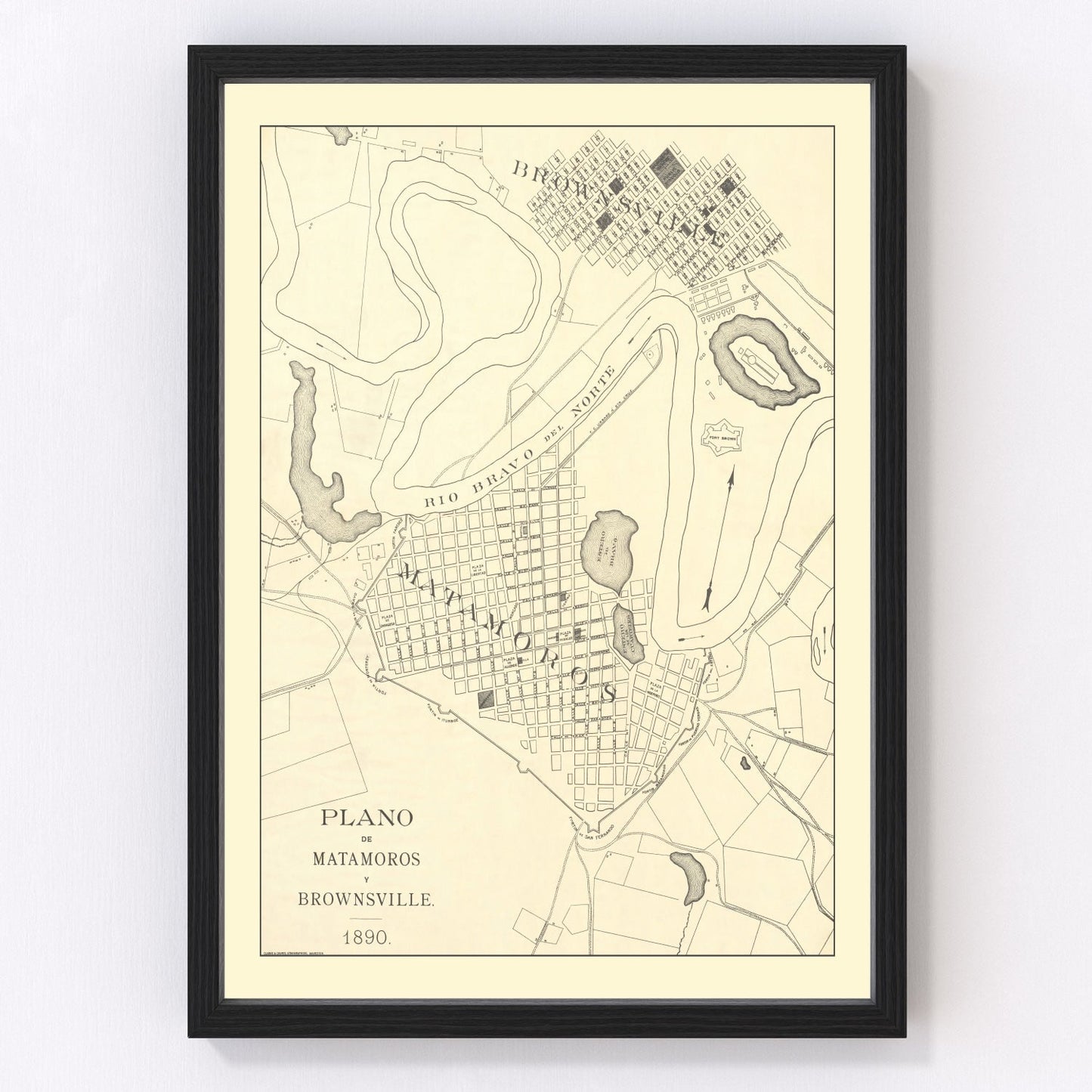Vintage map of Brownsville, Texas, 1890, Rio Grande border city