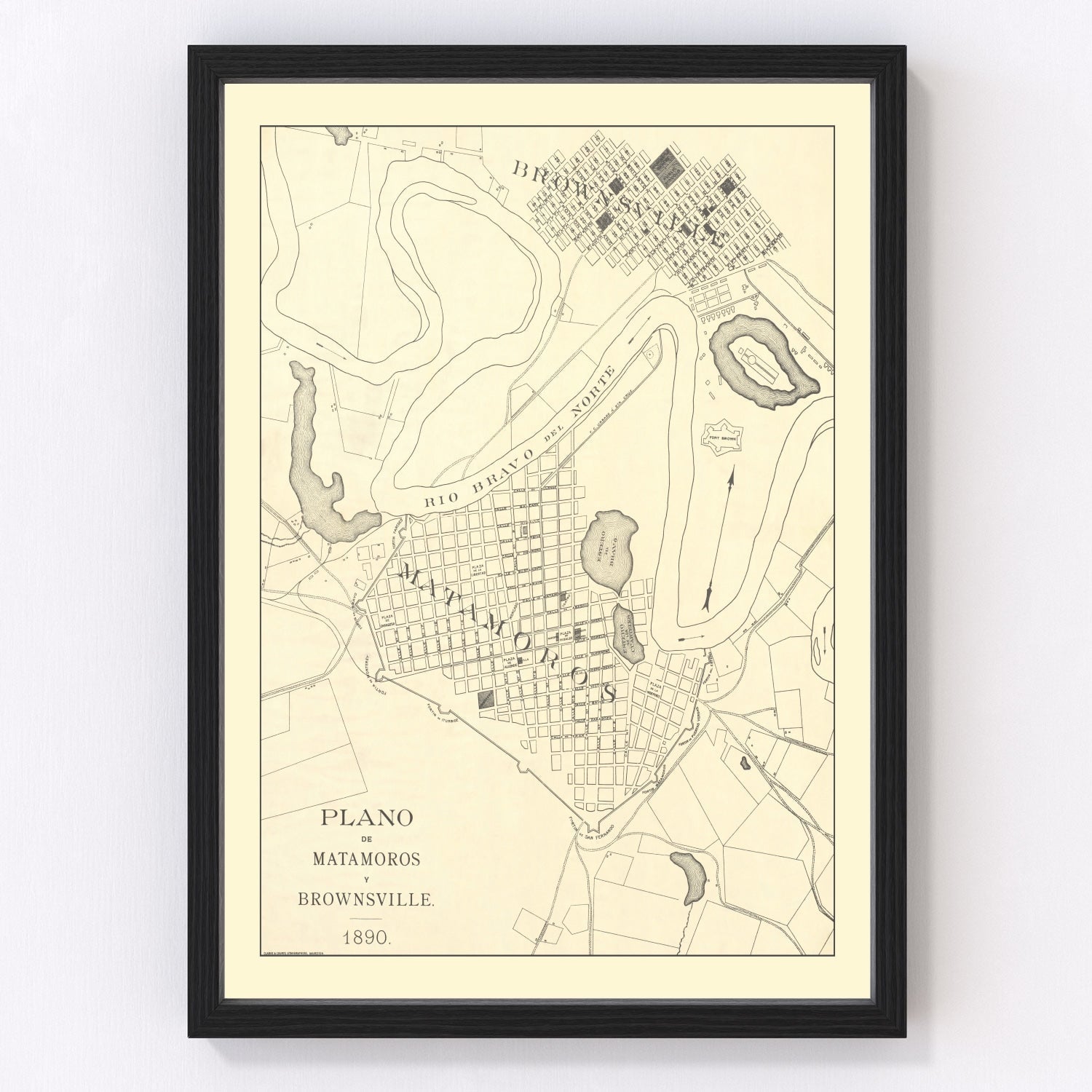 Vintage map of Brownsville, Texas, 1890, Rio Grande border city